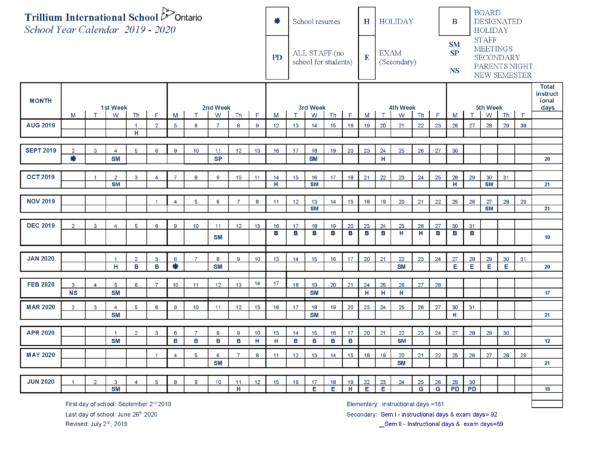 School year calendar 2019-2020 – Trillium International School