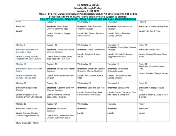 Cafeteria Menu January 2023 – Trillium International School