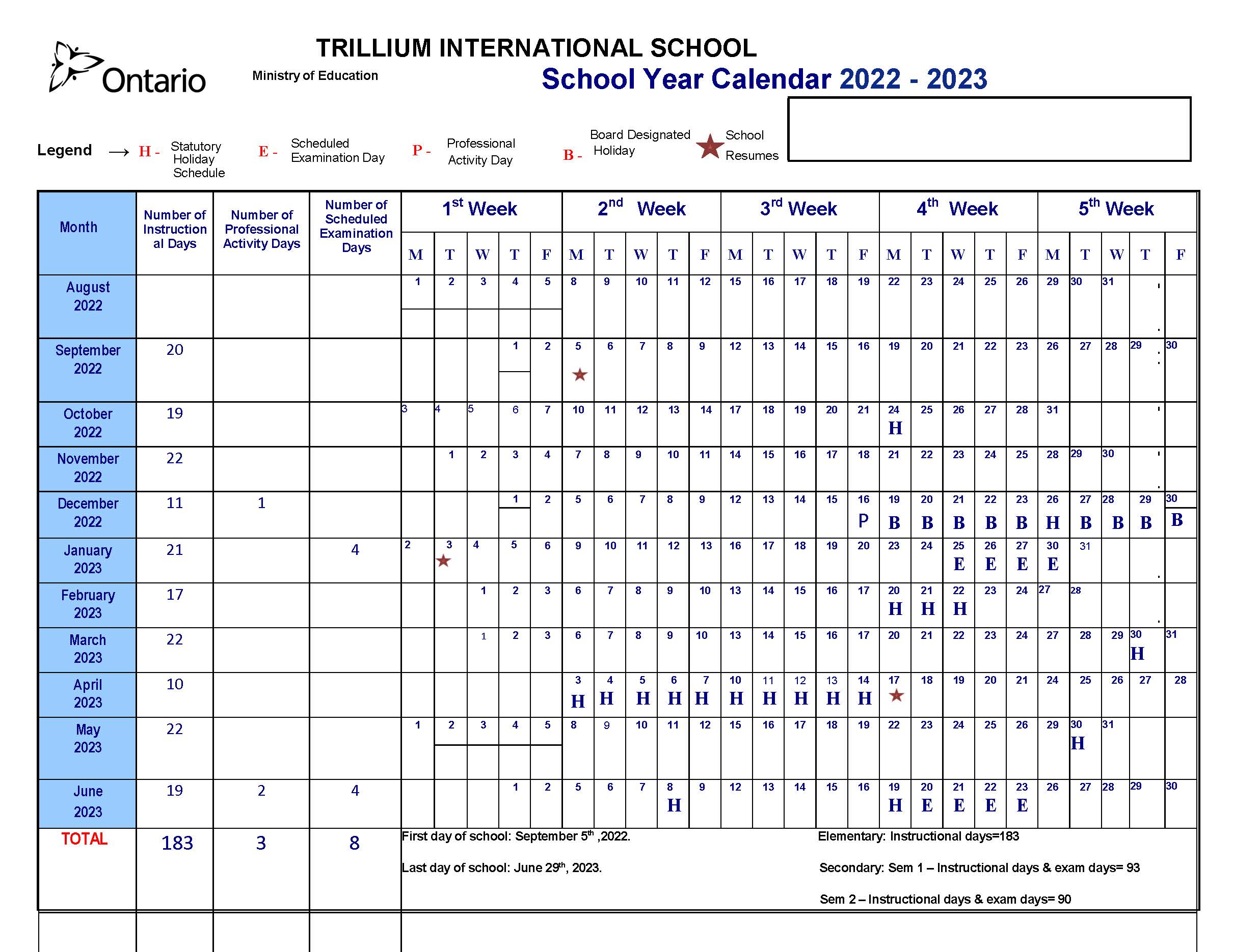 School Year Calendar 2022 2023 Trillium International School